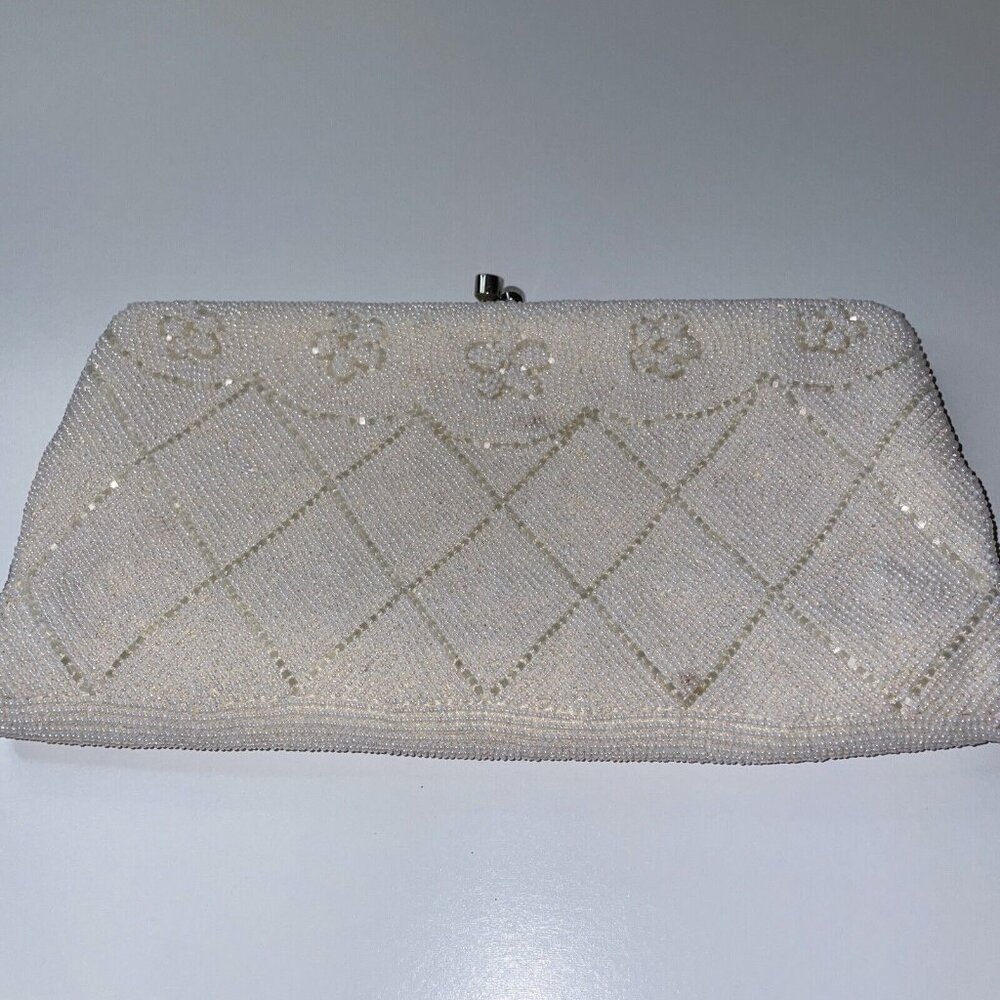 La Regale clutch purse Italian beads‎ White Japan Vintage Mid Century Floral EL4